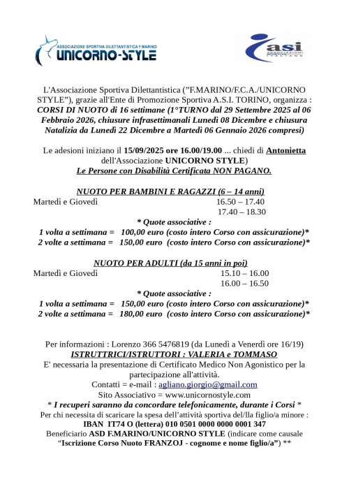 Corso NUOTO Adulti 15 anni in poi Piscina FRANZOJ
